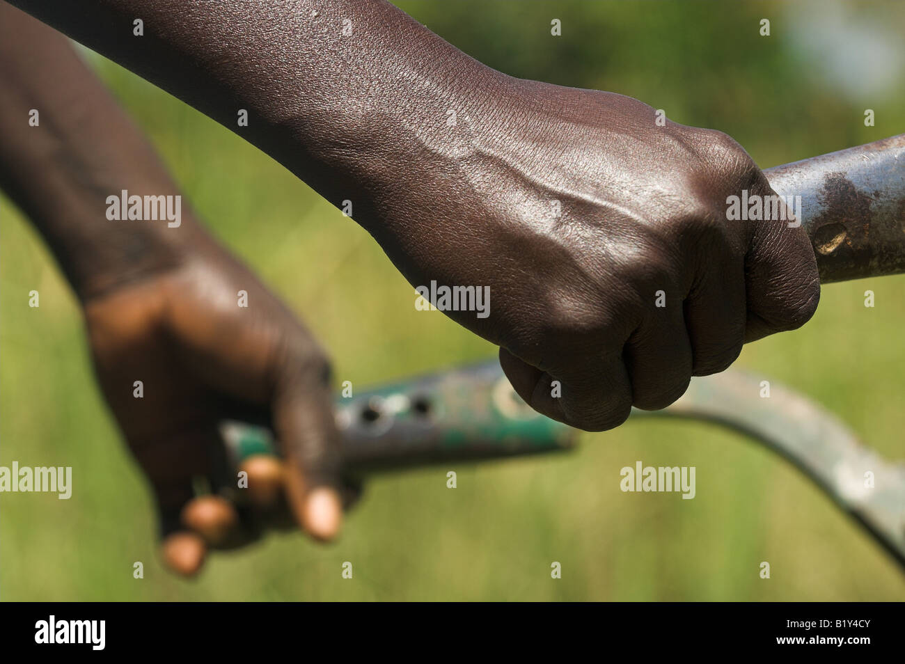 Close up of hands on handles of a hand plough Uganda Africa Stock Photo