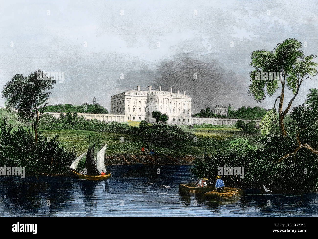 White House viewed from the Potomac River about 1860. Hand-colored steel engraving Stock Photo