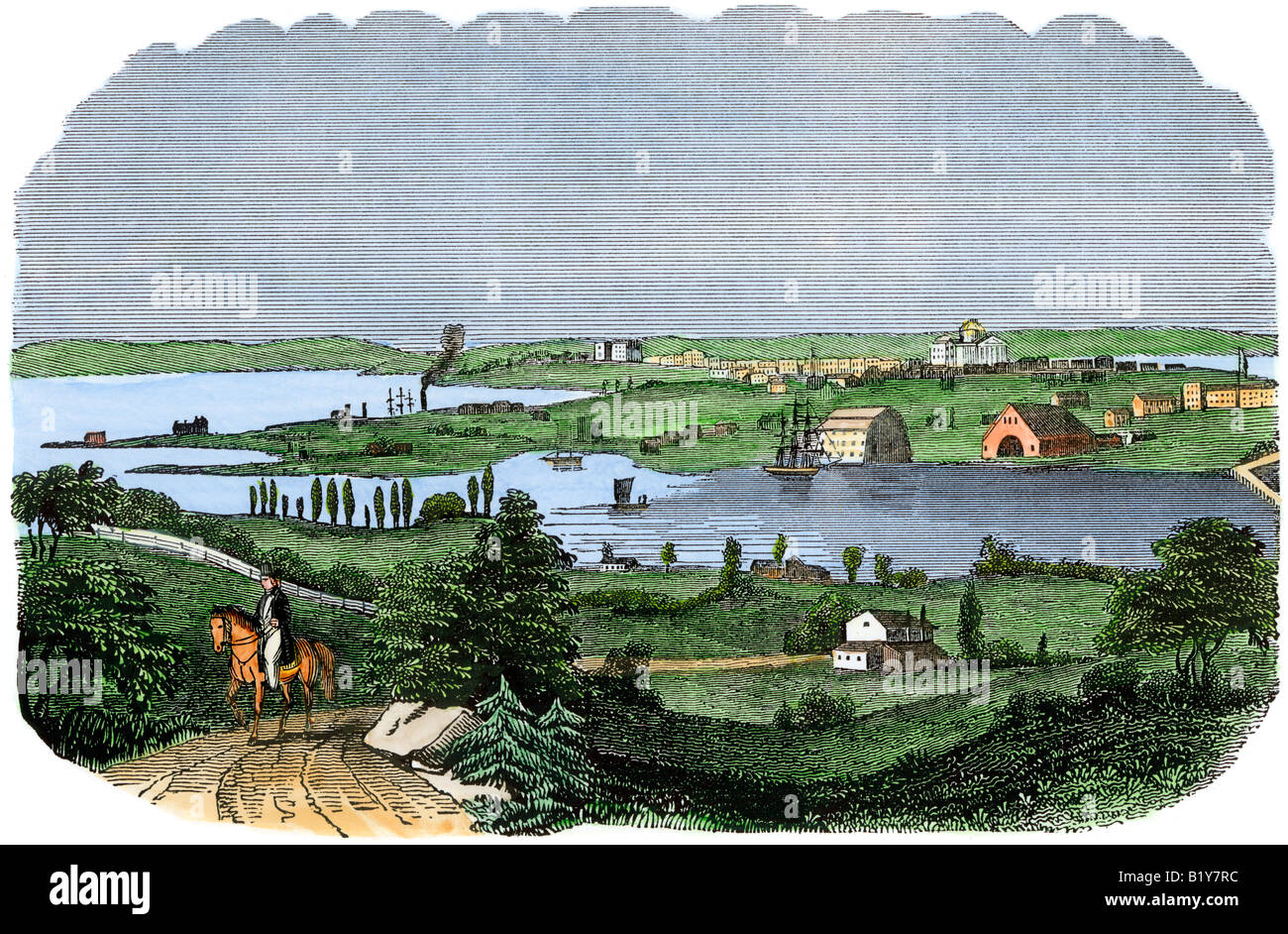 City of Washington from Maryland showing the Anacostia River joining the Potomac 1840s. Hand-colored woodcut Stock Photo