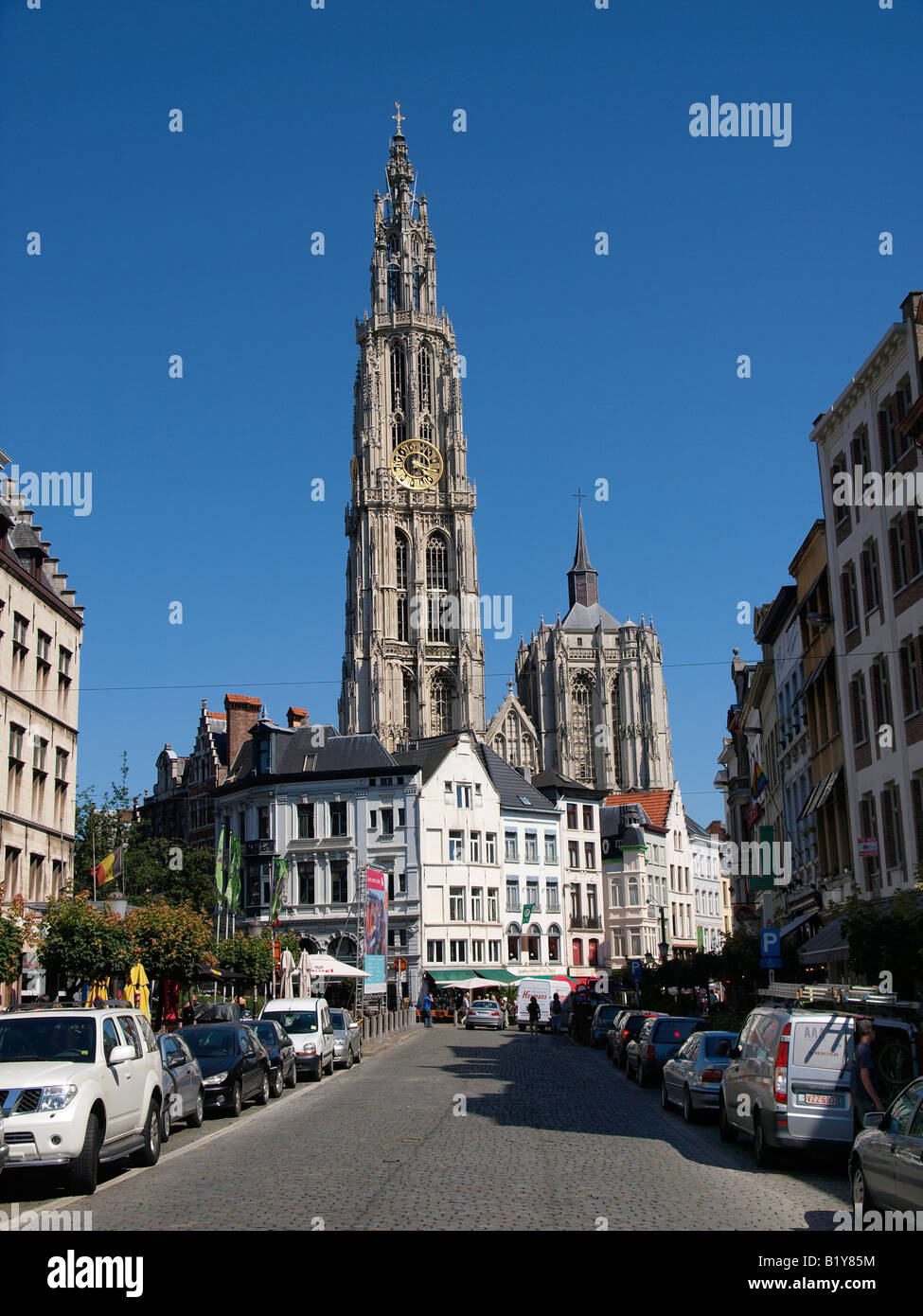 Antwerp city center with the huge belltower of the gothic cathedral Antwerp Flanders Belgium Stock Photo