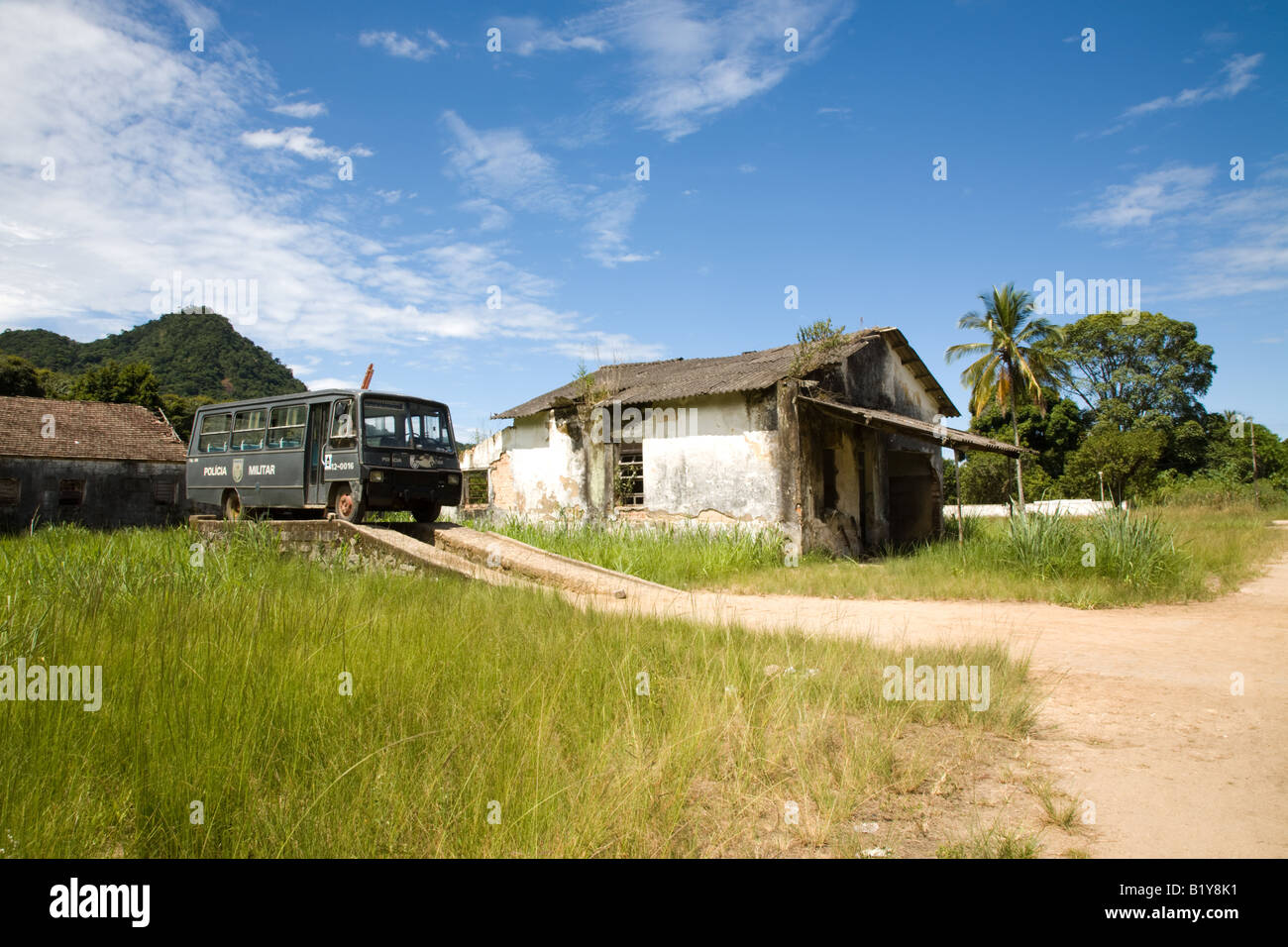 Penal Colony, Military Police Bus, Former Prison on Ilha Grande, Ilha Grande, Brazil Stock Photo