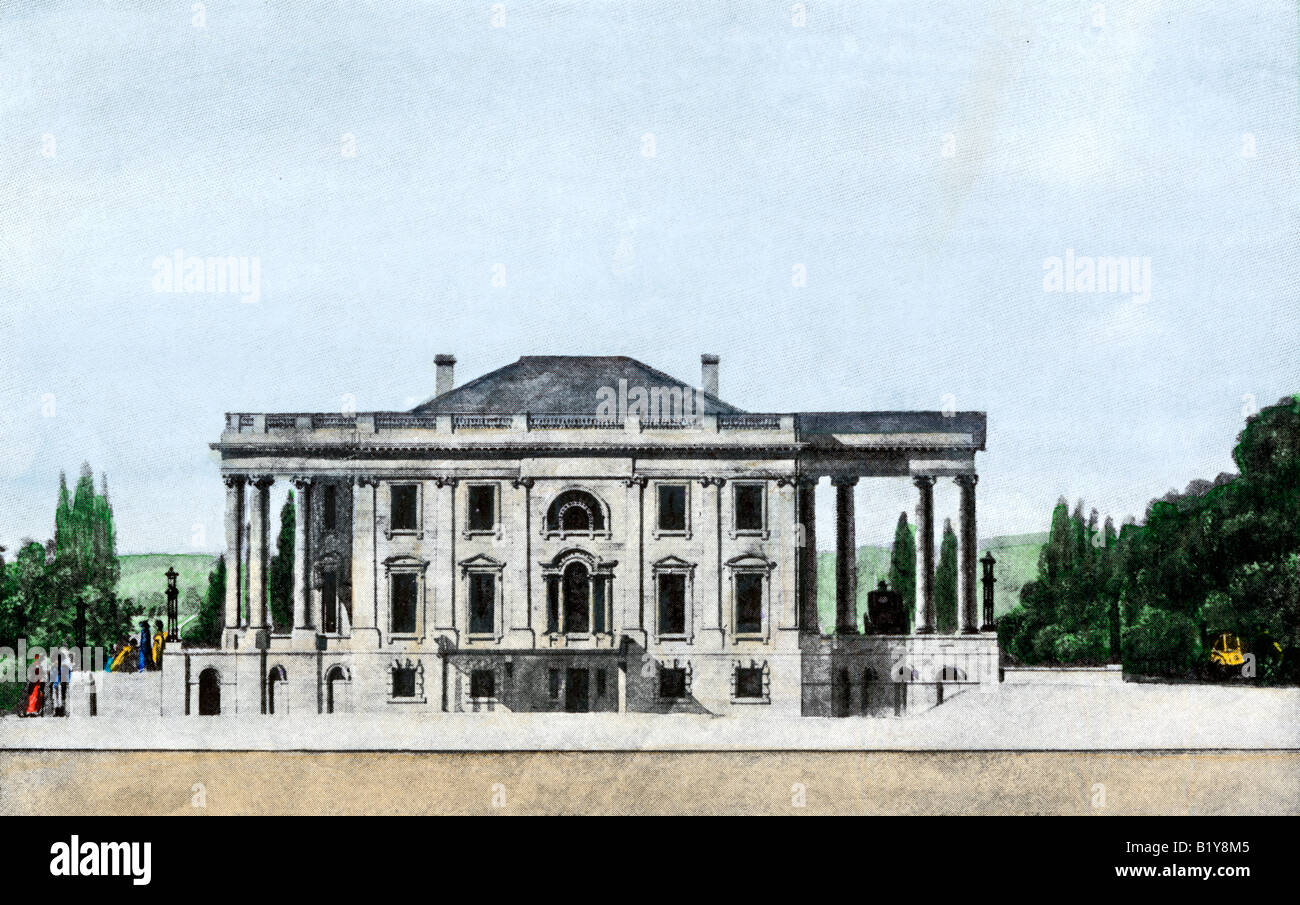 East front of the White House with porticos added circa 1807 during Jefferson Administration. Hand-colored halftone of an illustration Stock Photo