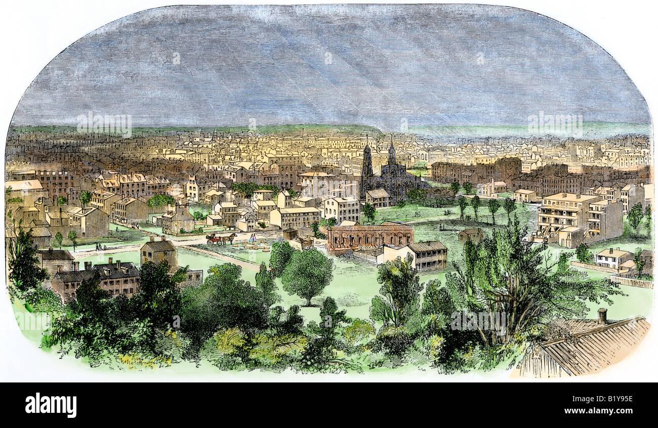 City of Washington from the dome of the Capitol 1860. Hand-colored woodcut Stock Photo