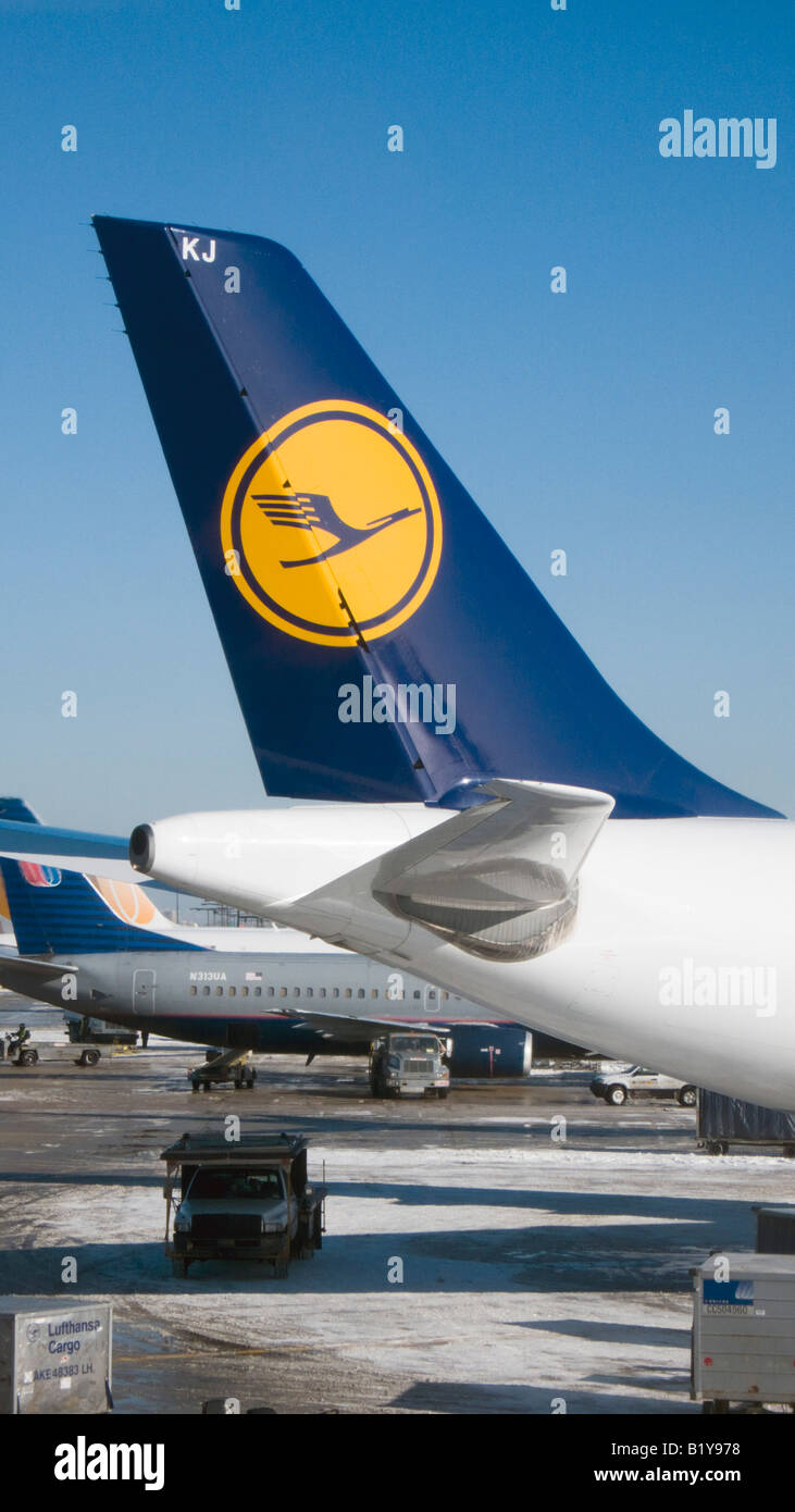Tail of German Lufthansa Airbus at Chicago OHare International Airport