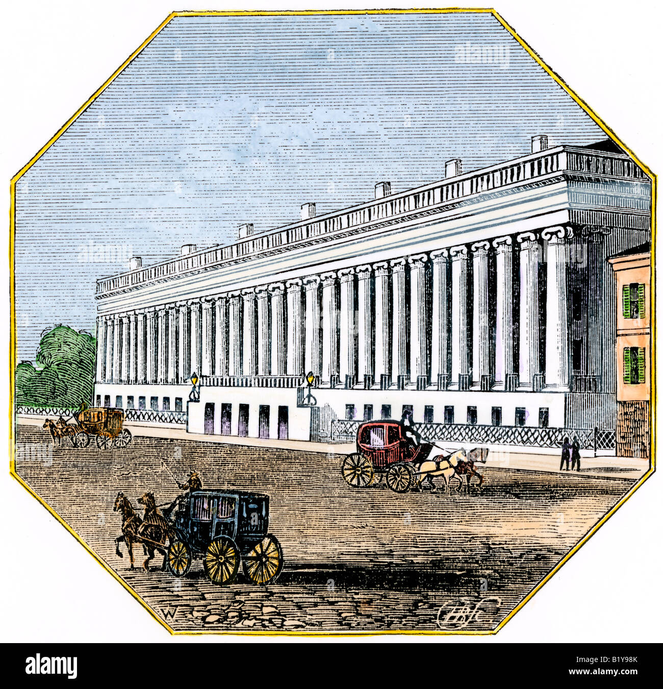 Department of the Treasury in Washington DC 1850s. Hand-colored woodcut Stock Photo