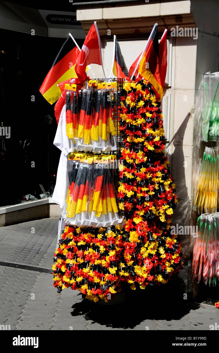 A colourful stand of German football supporters souvenirs, Germany Stock Photo