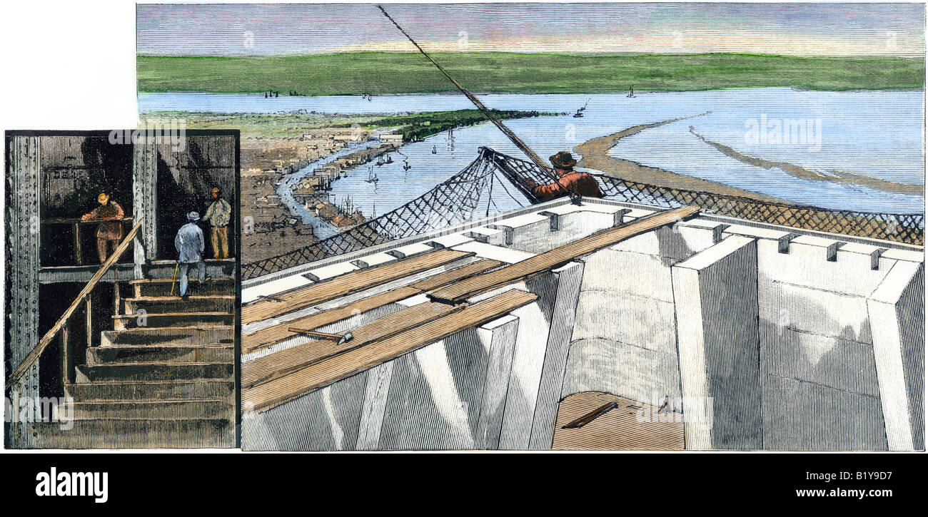 Top of the shaft during construction of the Washington Monument and an interior view 1884. Hand-colored woodcut Stock Photo
