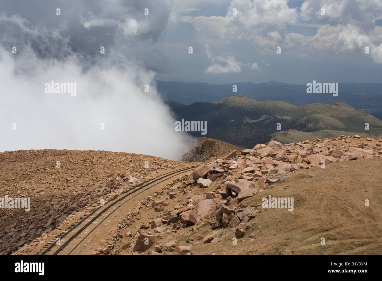 View from the summit of Pikes Peak showing a short stretch of the Cog ...