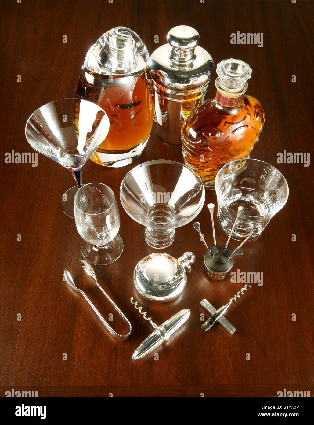 A collection of bar ware glasses, tools and alcohol Stock Photo Alamy