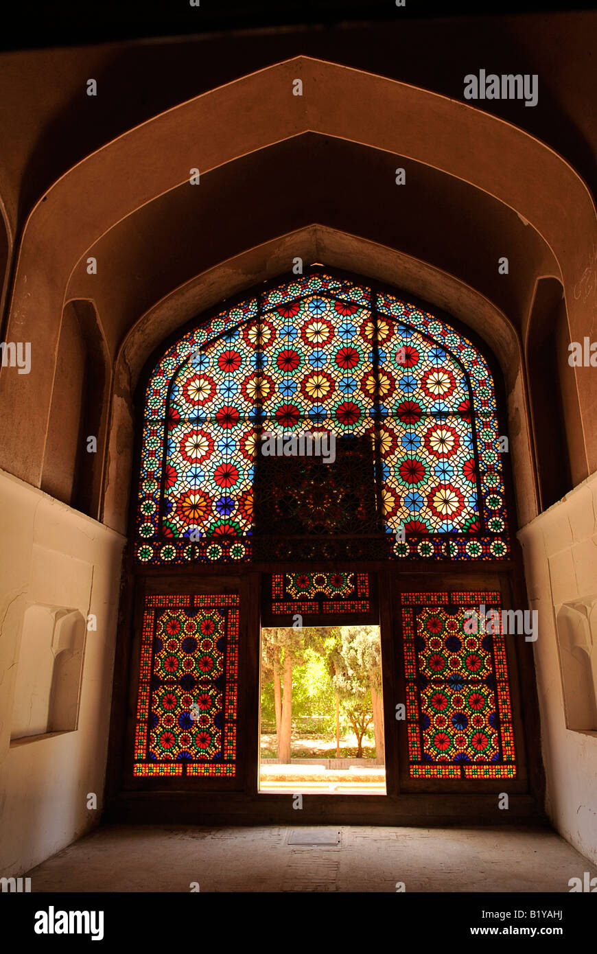 Stained Glass window in Dowlat Abad in Yazd, Iran Stock Photo