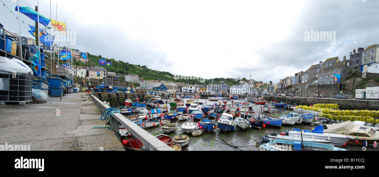 mevagissey cornwall inner harbour panoramic with fishing boats in 2008 shot b no 2680 Stock Photo