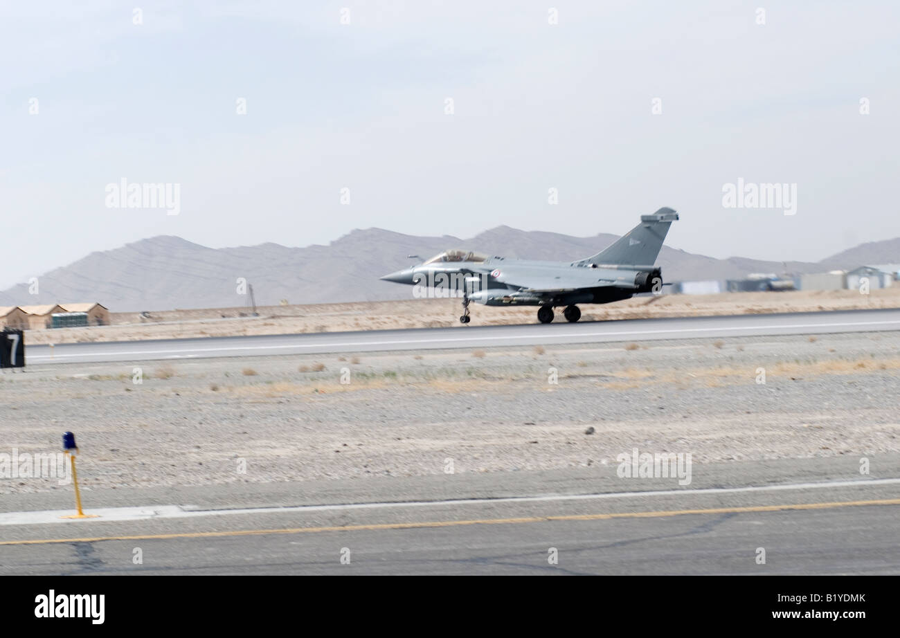 A Rafale of the French Air Force landing at Kandahar Airfield, Afghanistan after a sortie Stock Photo