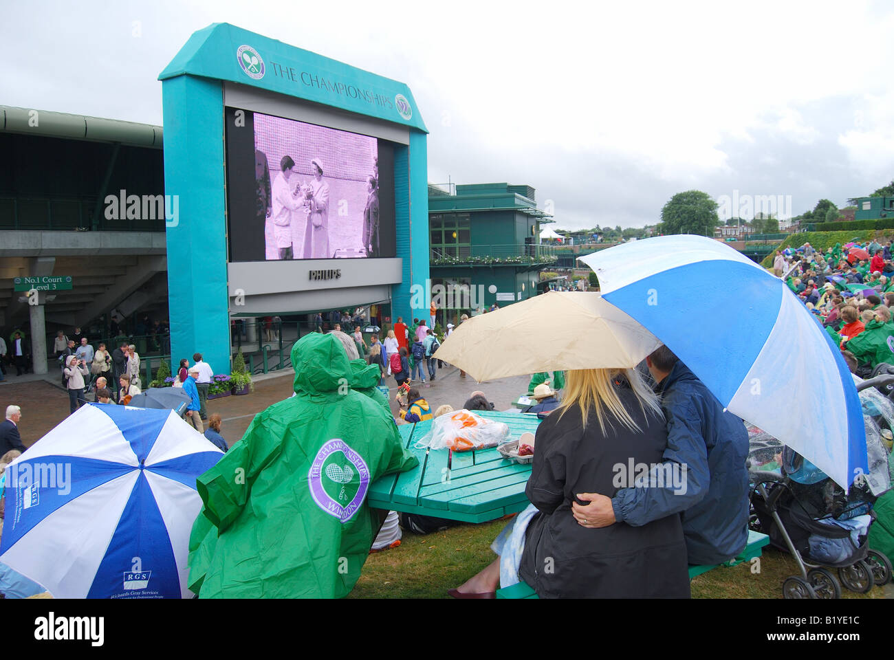 Rain delay on Murray Mount, The Championships, Wimbledon, Merton Borough, Greater London, England, United Kingdom Stock Photo