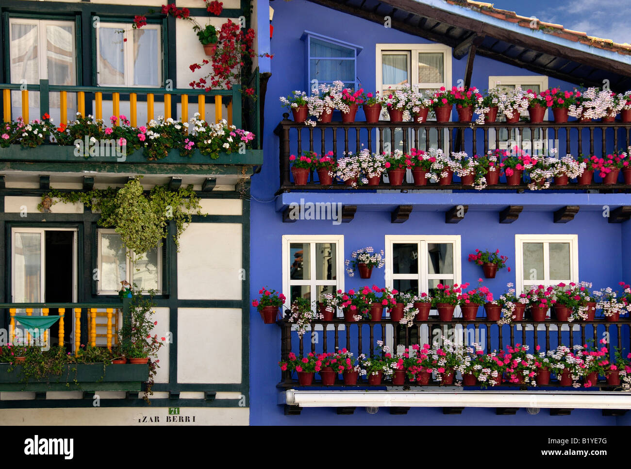 Colourful flowerbedecked balconies of houses in Hondarribia, Spain