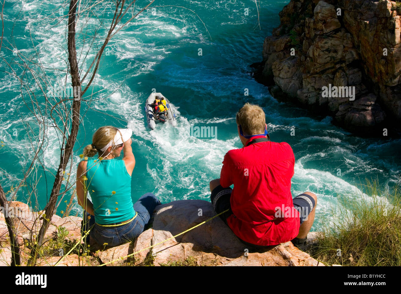 People overlooking Zodiac boat in Horizontal Falls, Talbot Bay ...