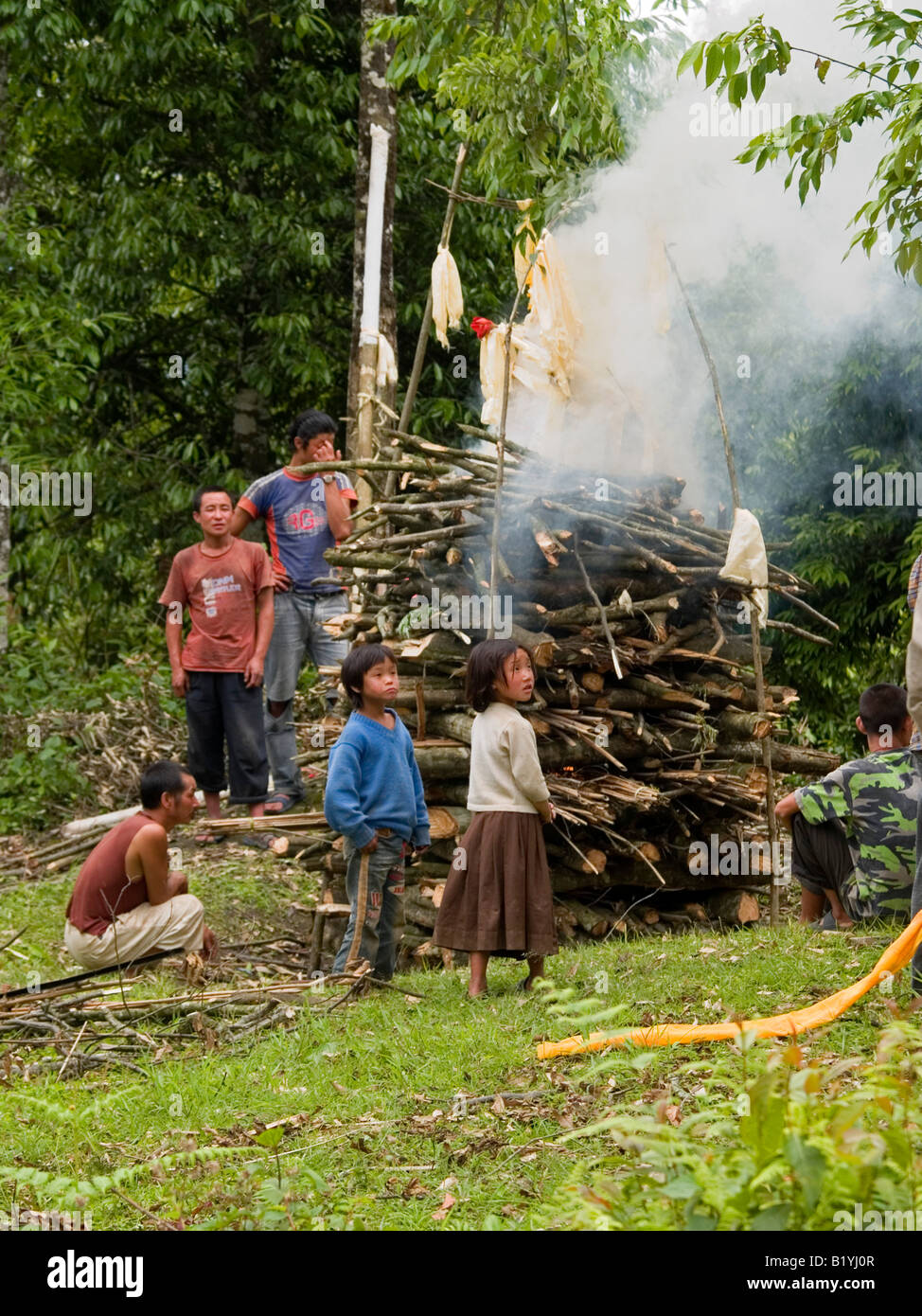 funeral pyre at funeral ceremony in rural Sikkim in India Stock Photo