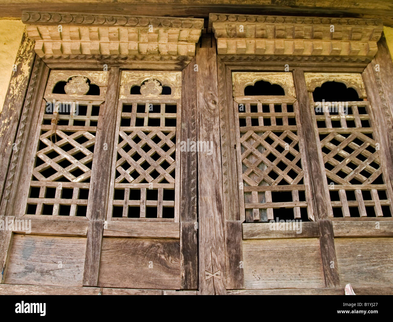 wooden doors on a monastery in Sikkim India Stock Photo