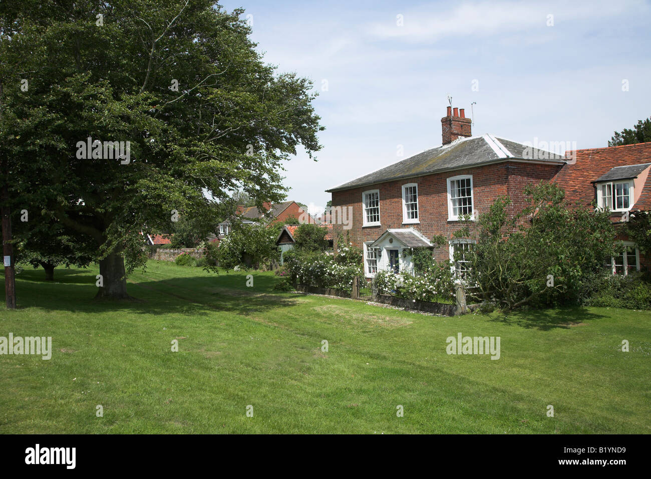 Village houses, tree and wide green grass verge, Orford, Suffolk Stock