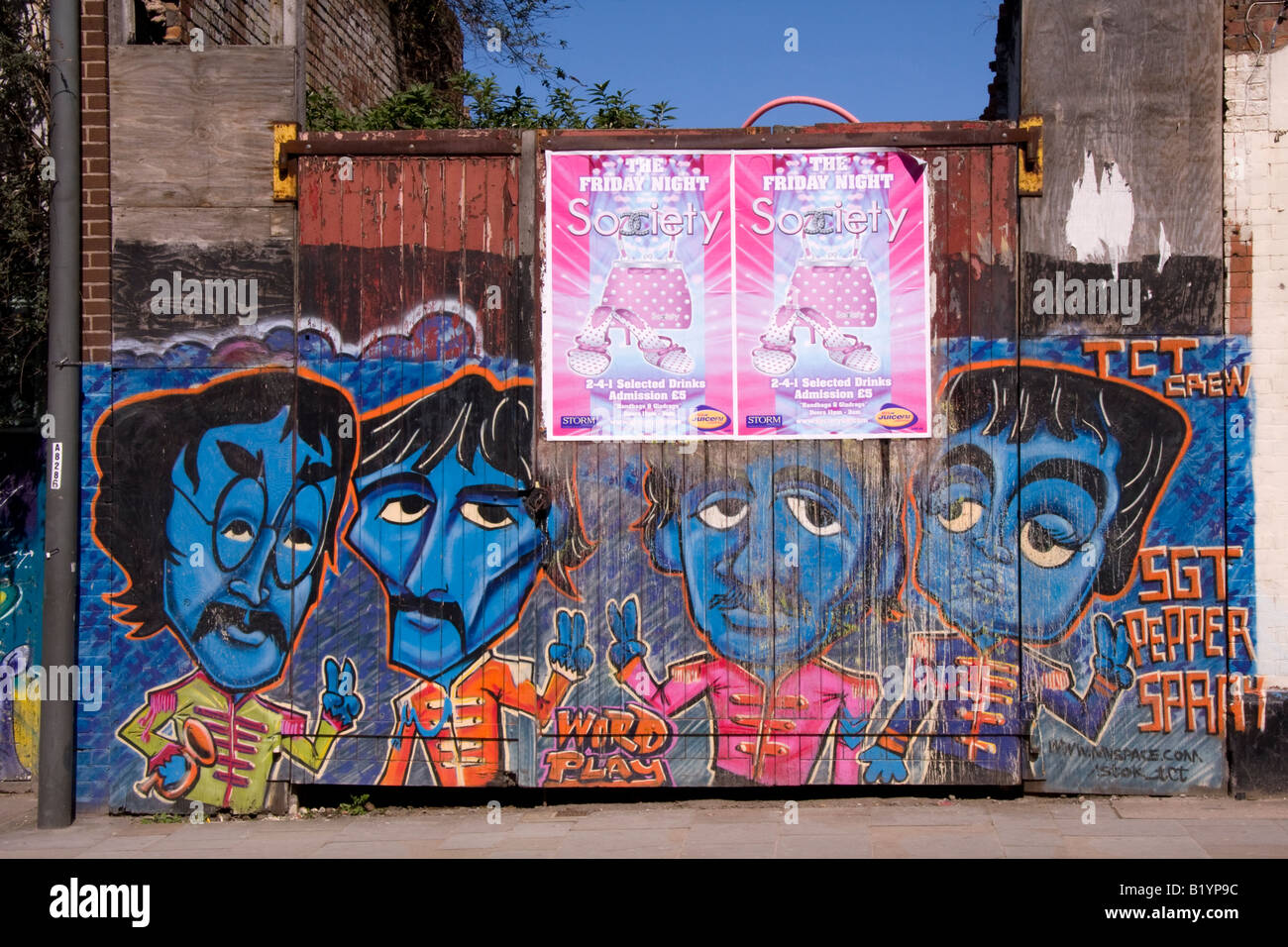 The Beatles illustrated on a wall by a spray paint artist, Liverpool Stock Photo