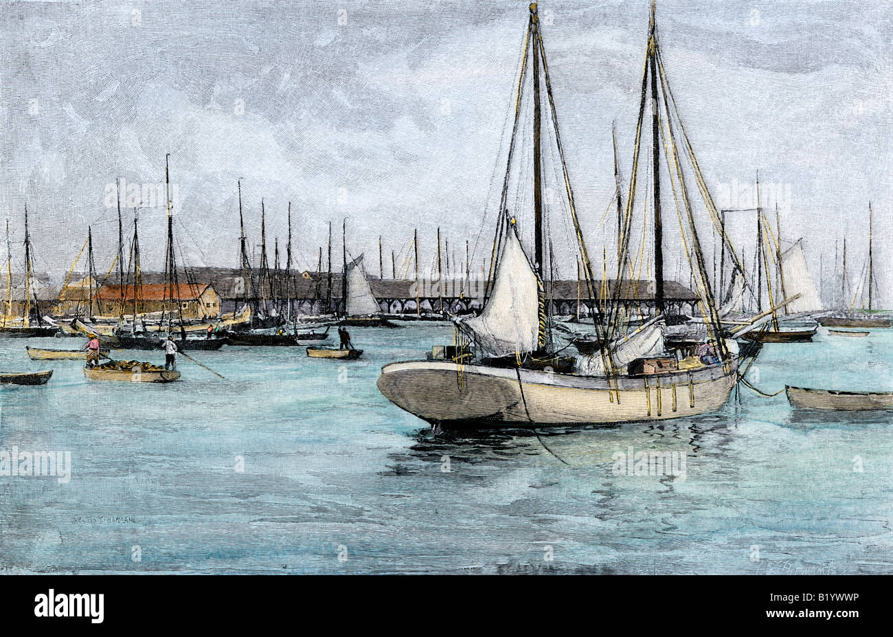 Sponge-fishing boats in Key West harbor 1890s. Hand-colored halftone of an illustration Stock Photo