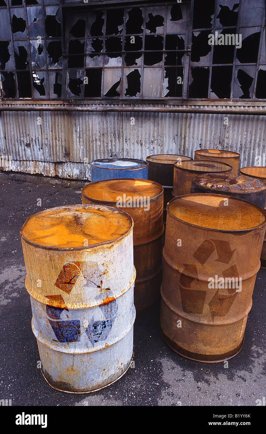 Old drums with recycle logo Stock Photo Alamy