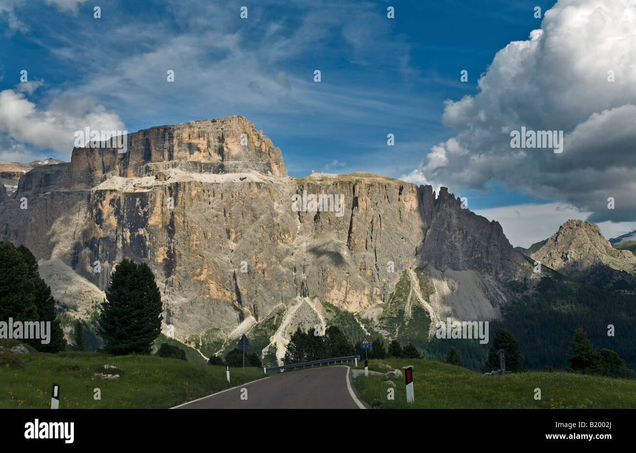 Sella Massif as seen from the Sella Pass, Dolomites, Italy Stock Photo