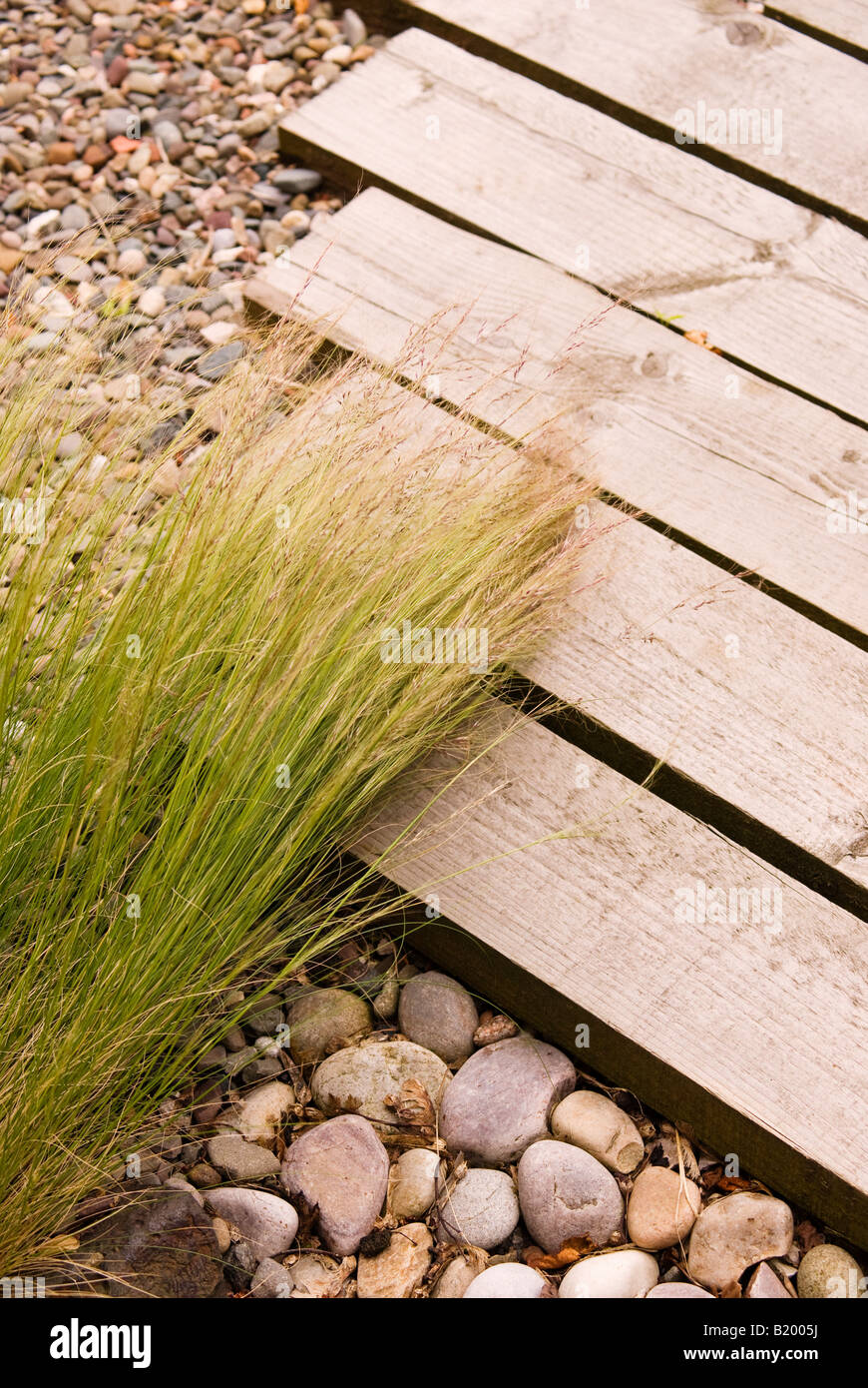 garden decking and decorative grass Stock Photo Alamy