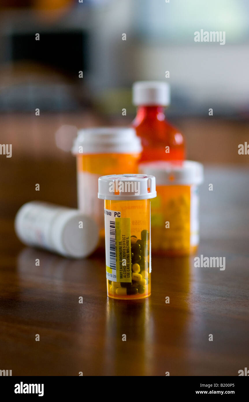 Prescription medicine bottles on a table, USA Stock Photo Alamy