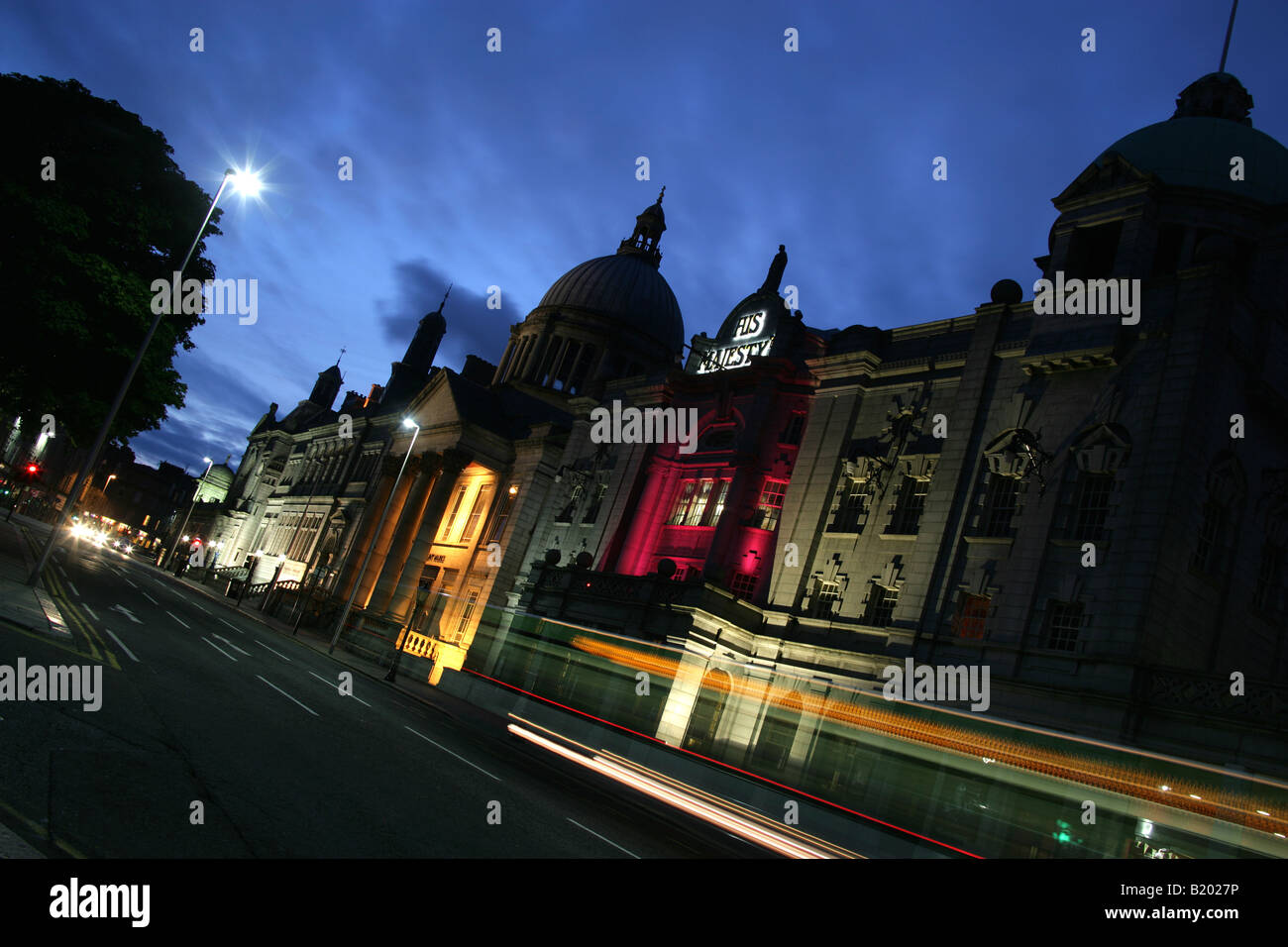 City of Aberdeen, Scotland. Evening view of Rosemount Viaduct with His Majesty’s Theatre, St Mark’s Church and the city library. Stock Photo