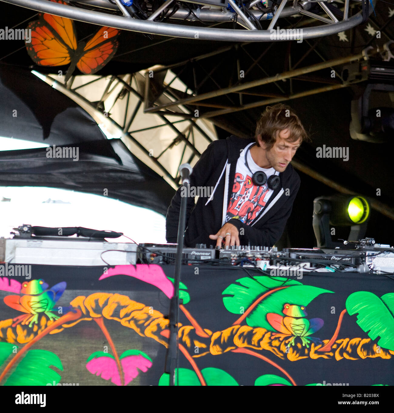 DJ Working At a Dance tent Glastonbury Festival Pilton Somerset UK Europe Stock Photo