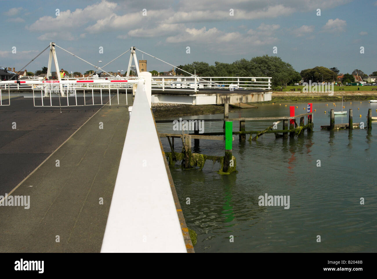 The swing bridge (open) on the A3054 over the River Yar at Yarmouth on