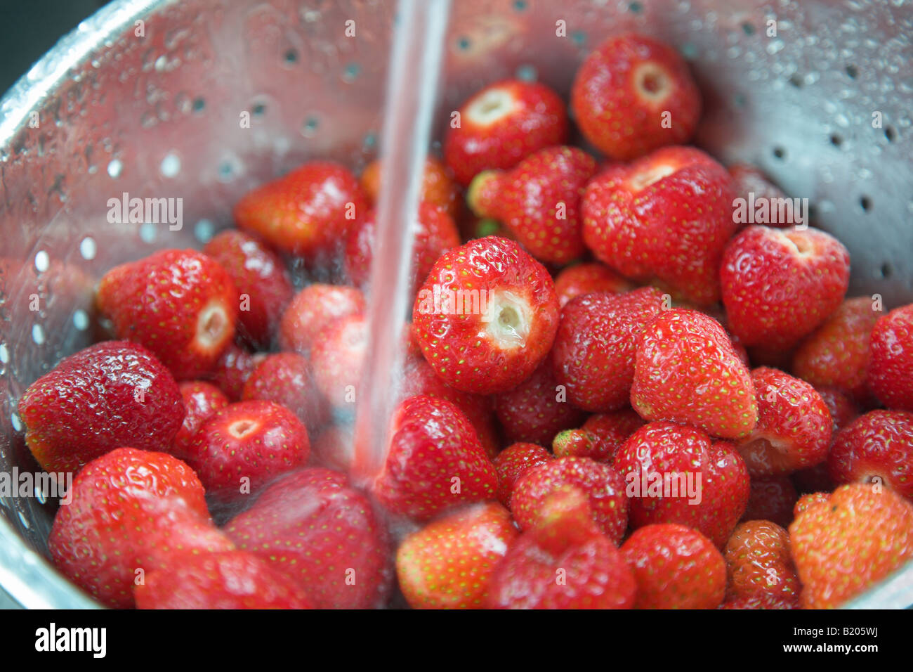 Horizontal, colour picture of strawberries being washed Stock Photo