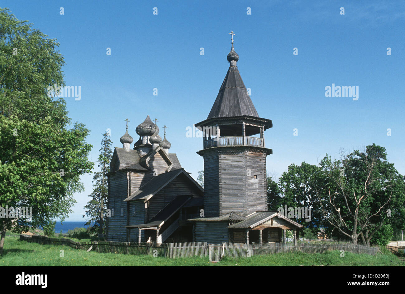 Wooden church atKizhi built in the 16thC.This is the church of theMother ofGod.Russian woden architecture is by & for the people Stock Photo