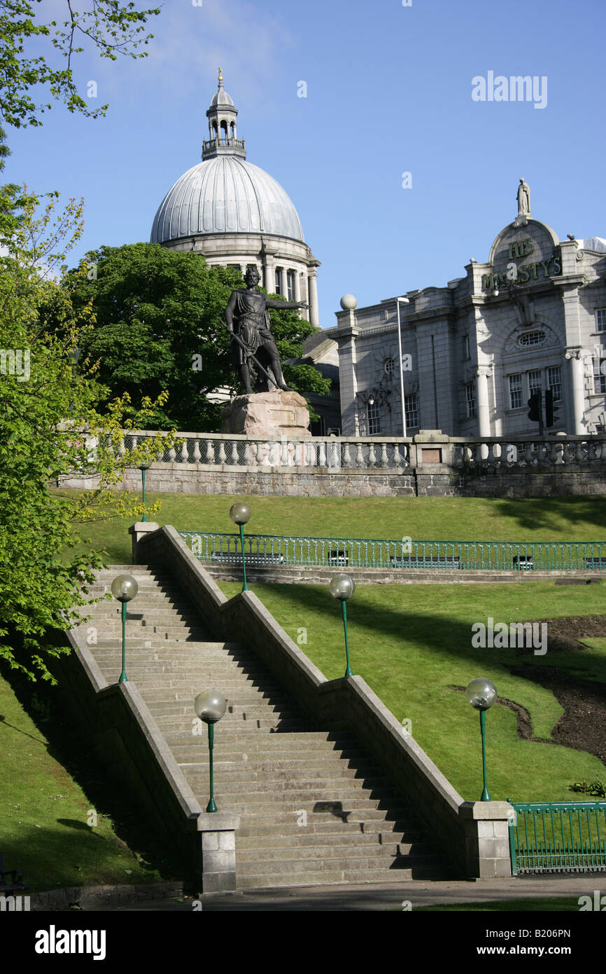 City of Aberdeen, Scotland. Union Terrace Gardens with the William Wallace Monument and His Majesty’s Theatre in the background. Stock Photo