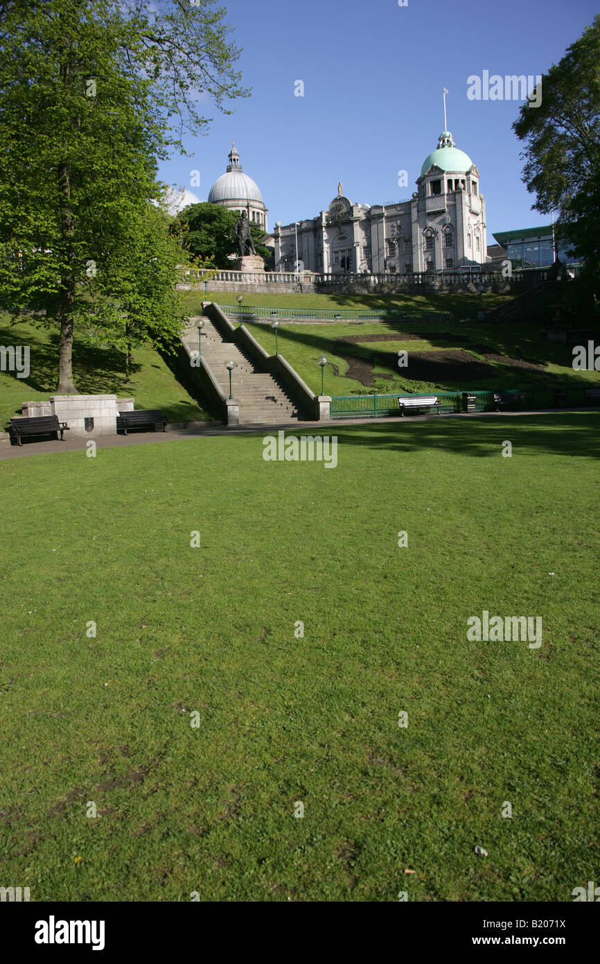 City of Aberdeen, Scotland. Union Terrace Gardens with the William Wallace Monument and His Majesty’s Theatre in the background. Stock Photo