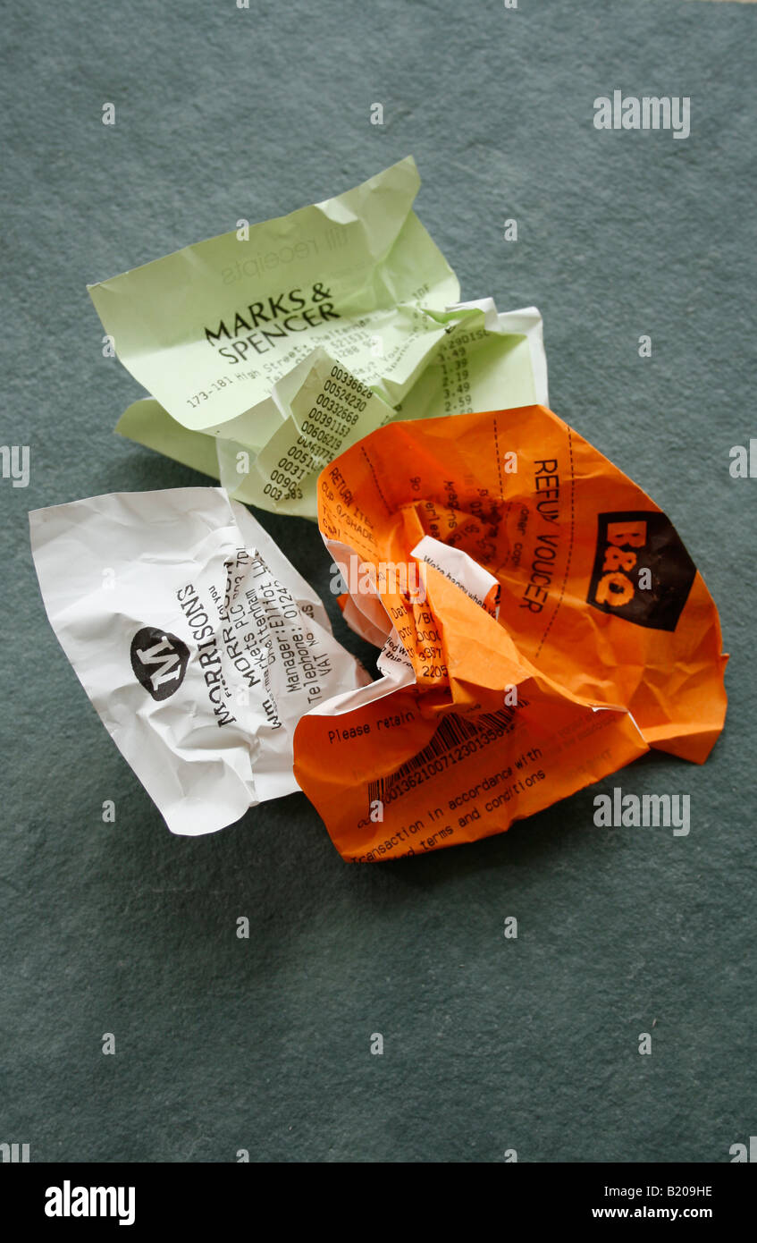 Crumpled shop receipts. Stock Photo