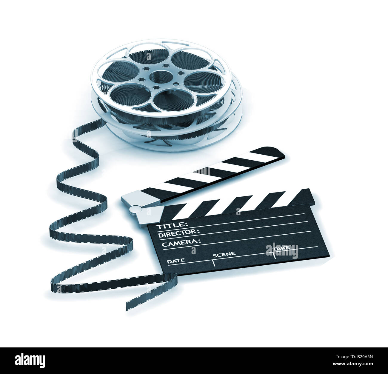 3D render of a clapper board and film reels Stock Photo