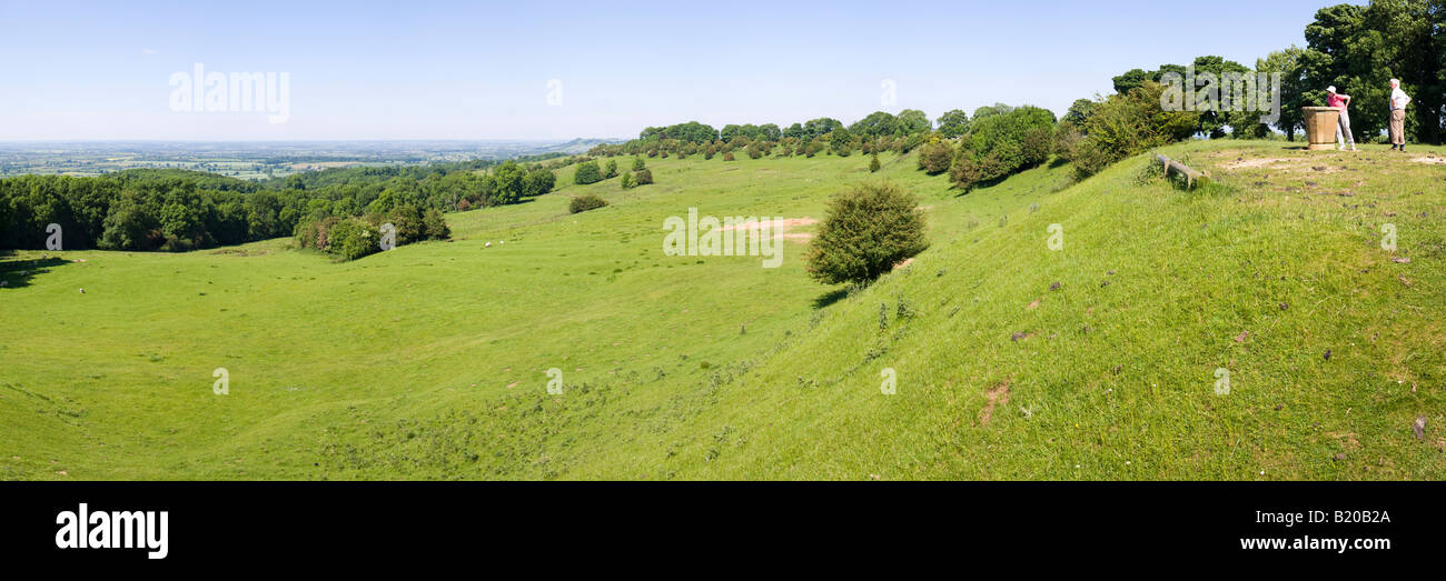 Enjoying the panoramic view from the viewpoint on the Cotswold scarp at Dovers Hill near Chipping Campden, Gloucestershire Stock Photo