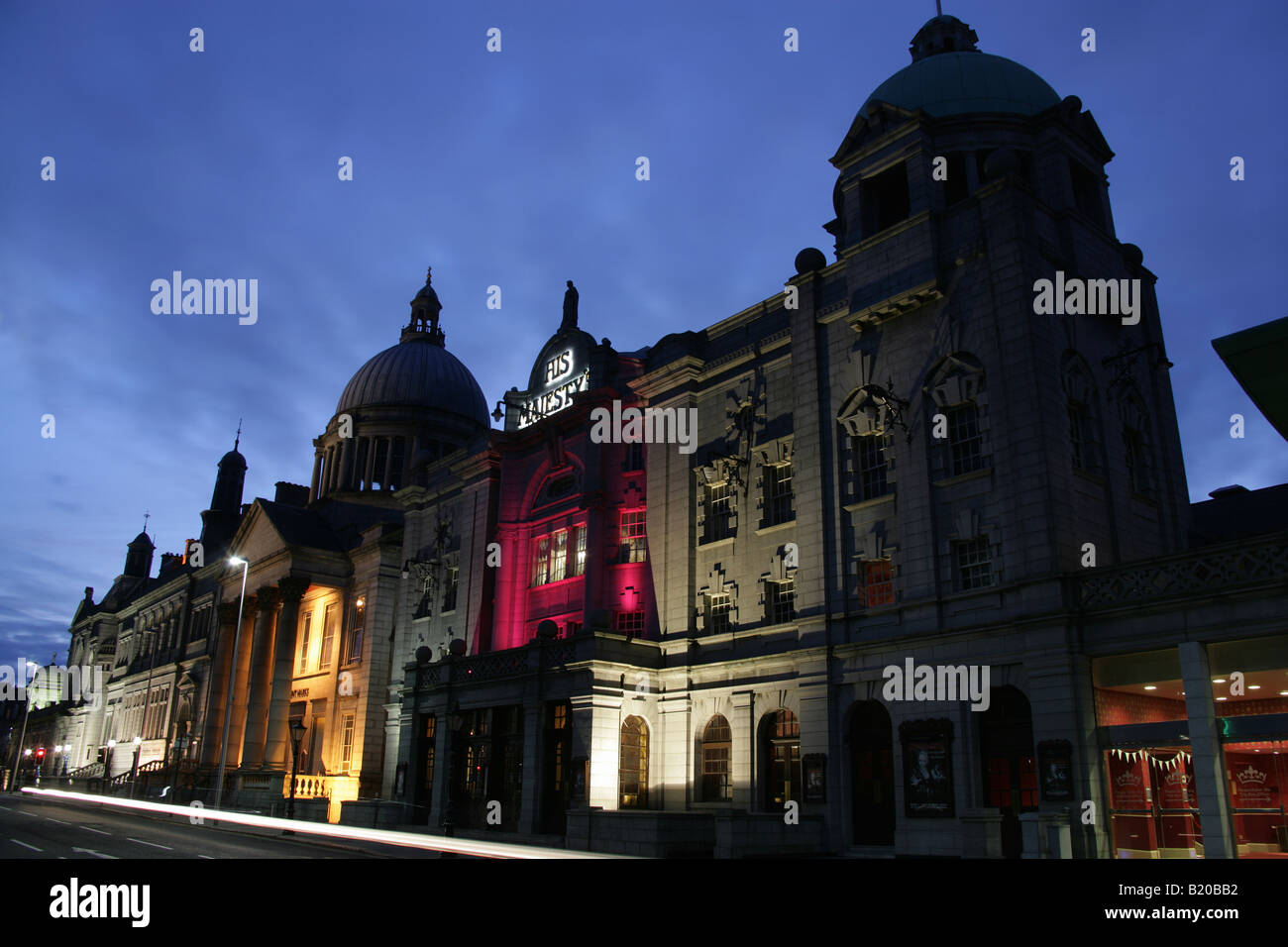 City of Aberdeen, Scotland. Evening view of Rosemount Viaduct with His Majesty’s Theatre, St Mark’s Church and the city library. Stock Photo