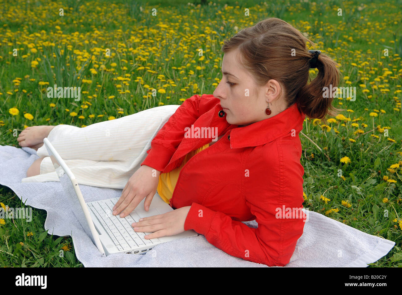 Young woman lying on a meadow, working on her laptop Stock Photo