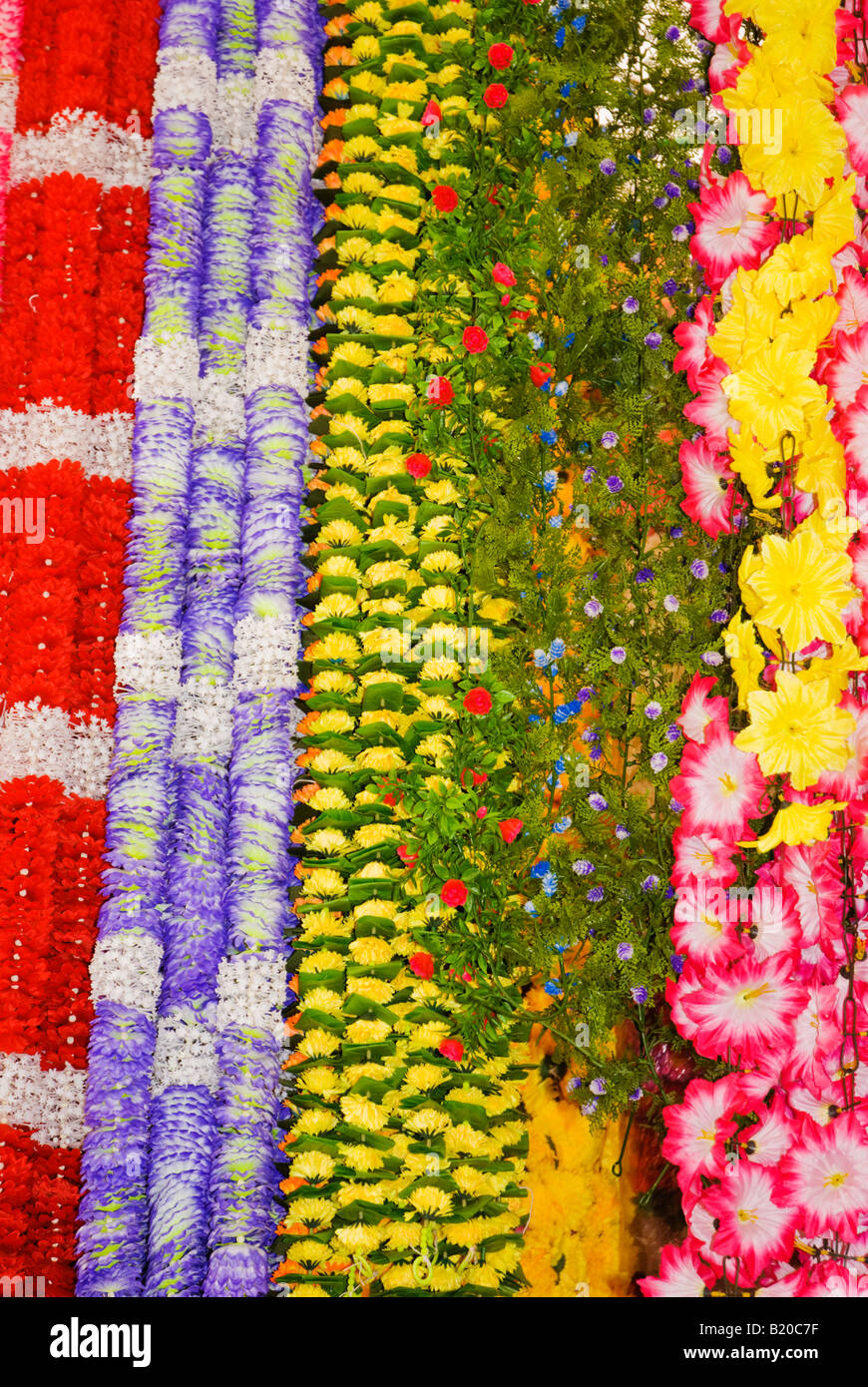 Garlands hanging in  the Little India Market in Singapore Stock Photo