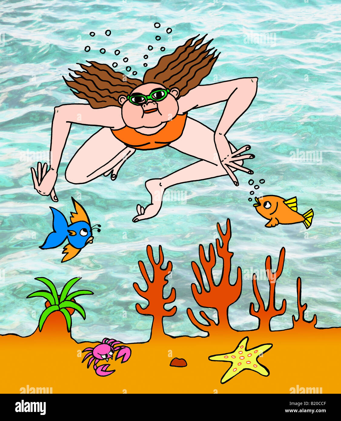 Illustration: woman swimming underwater. Stock Photo