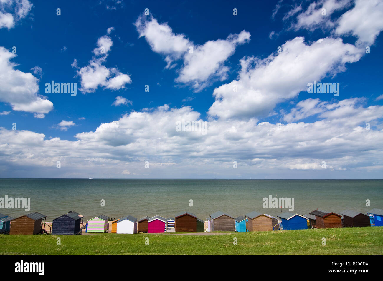 View to Beach Huts and the Sea from the Green at Tankerton, Nr Whitstable, Kent, England. Stock Photo