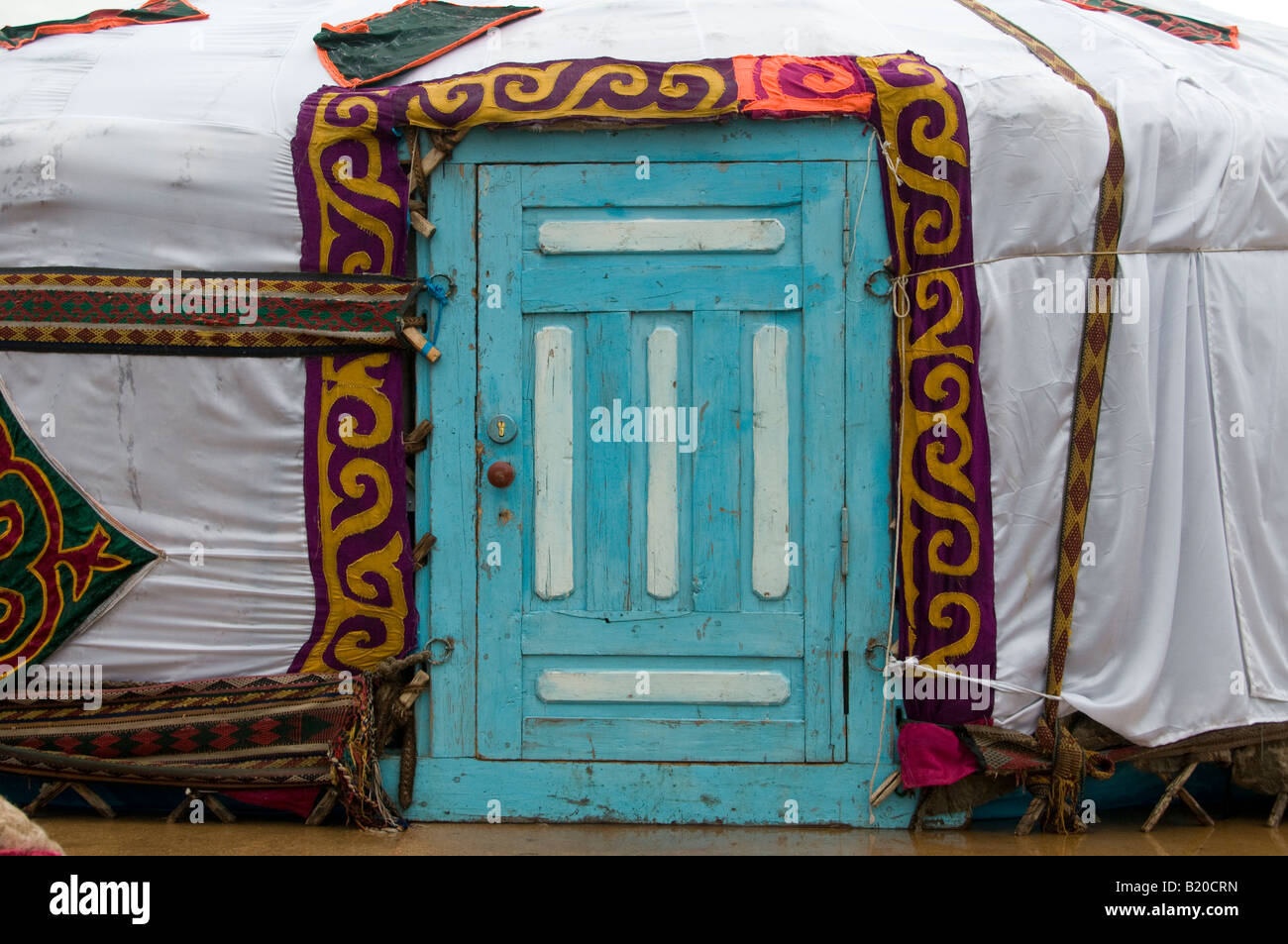Doorway of a yurt a traditional portable round tent covered with skins or felt and used as a dwelling by nomads in Central Asia Stock Photo