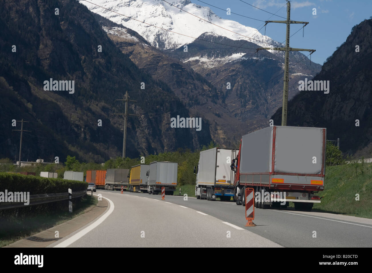 Traffic jam of trucks at Gothard in Switzerland Stock Photo - Alamy