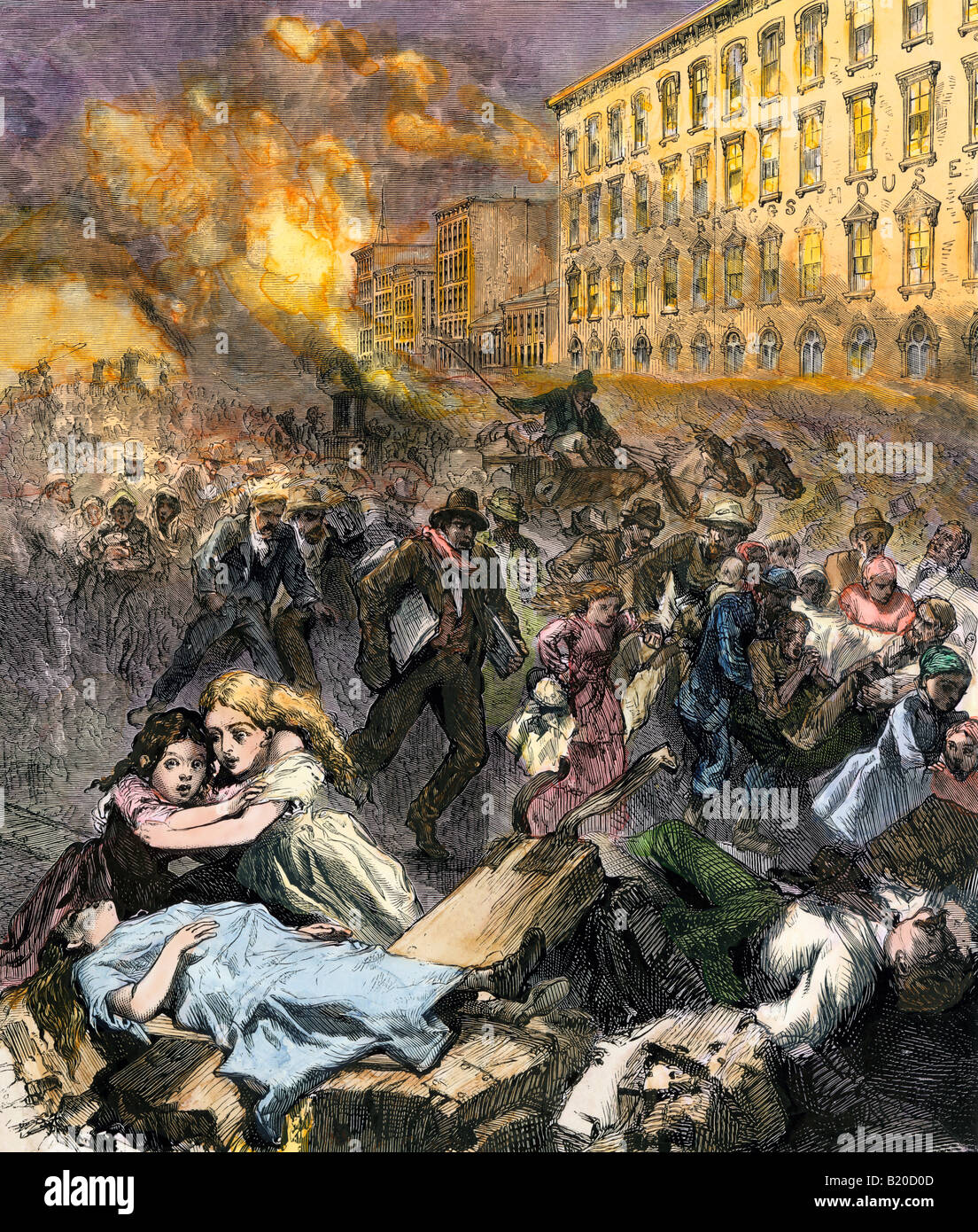 Terrified citizens fleeing Wells Street during the Chicago Fire 1871. Hand-colored woodcut Stock Photo