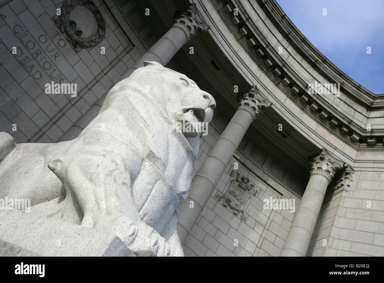 City of Aberdeen, Scotland. Close-up view of the lion sculpture at Aberdeen’s Schoolhill War Memorial. Stock Photo