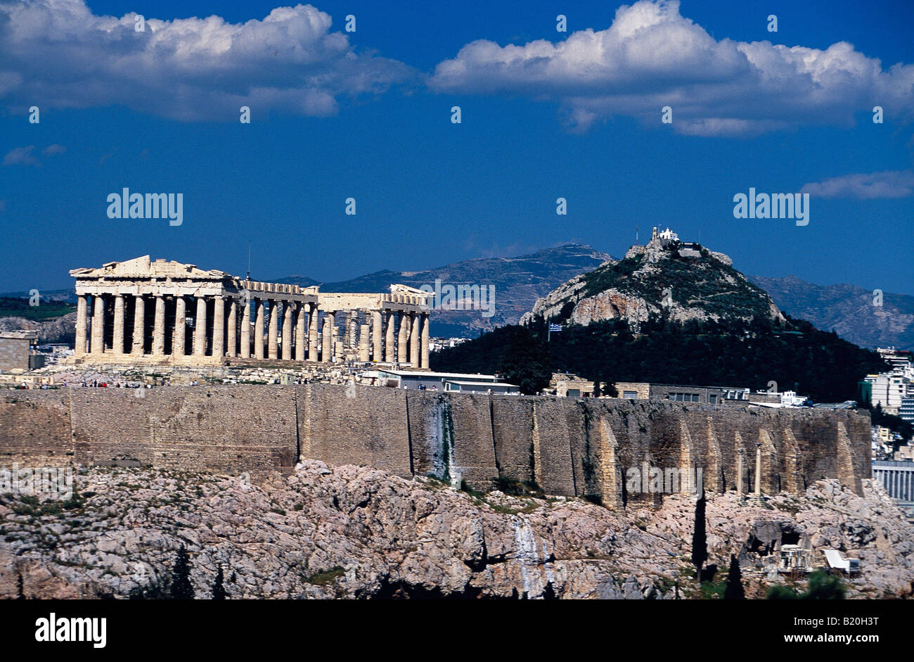 Parthenon Acropolis Lycabetus Hill view from Philopappos Hill Athens Greece Stock Photo