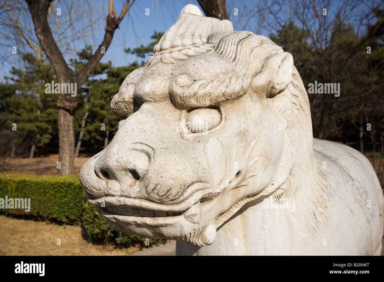 Statue of a standing Xiezi mythical Chinese Unicorn on Spirit Way at the Ming Tombs site Beijing China Stock Photo