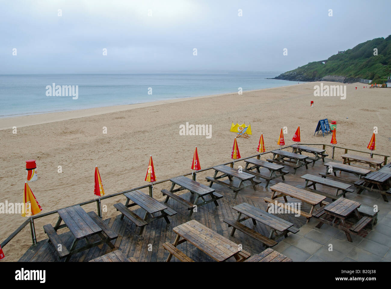 empty beach cafe st.ives,cornwall,uk on a rainy summer day Stock Photo